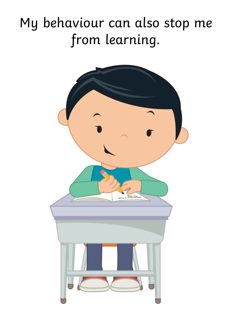 Behaviour and learning: the text says my behaviour can also stop me from learning, beside a boy writing at his desk