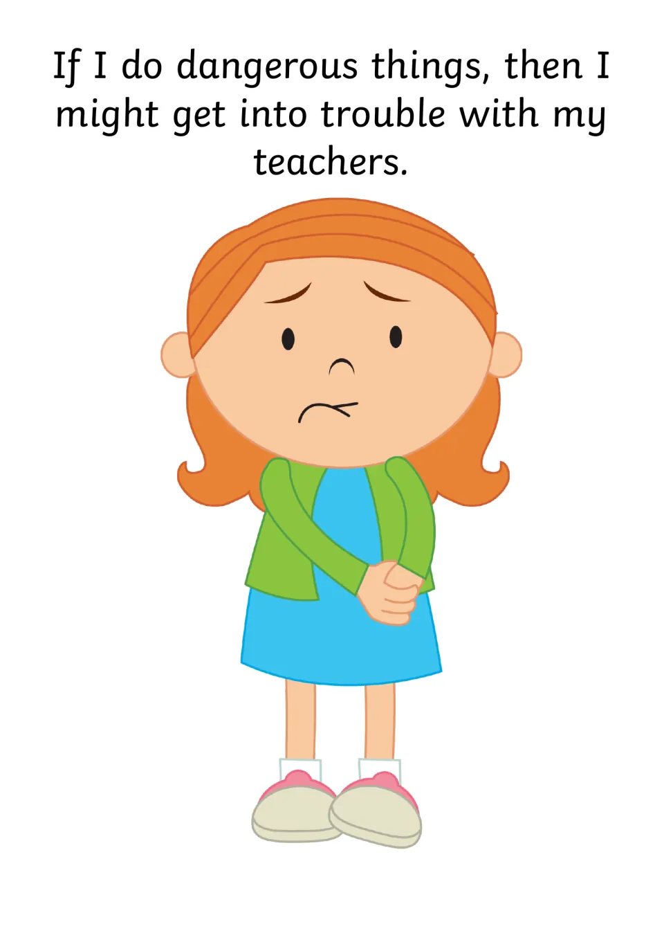 Trouble with teachers: doing dangerous things might get me into trouble, shown by a worried red-haired girl