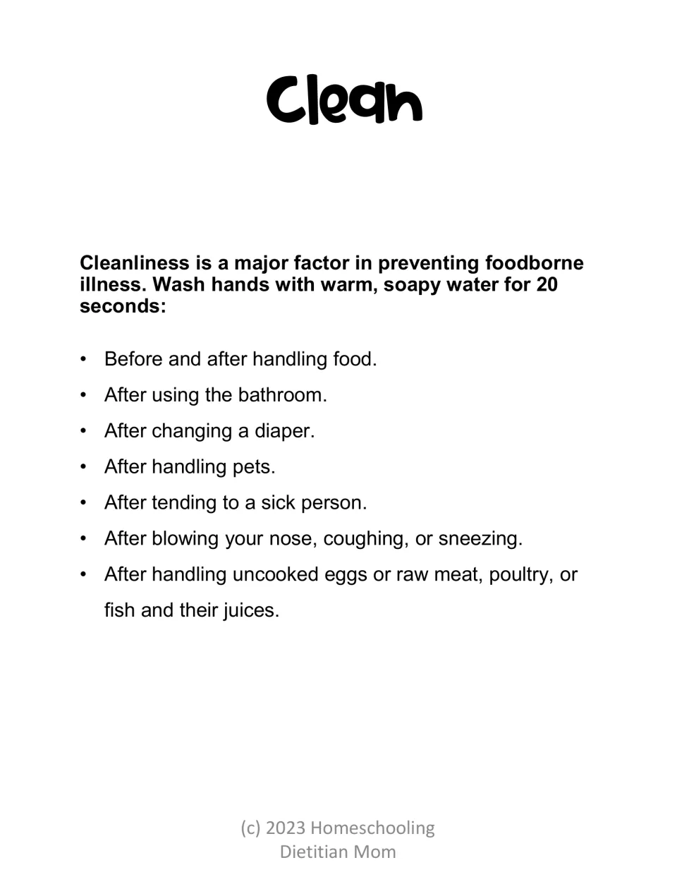 Clean lesson explains 20-second handwashing and lists when to wash, including before and after handling food