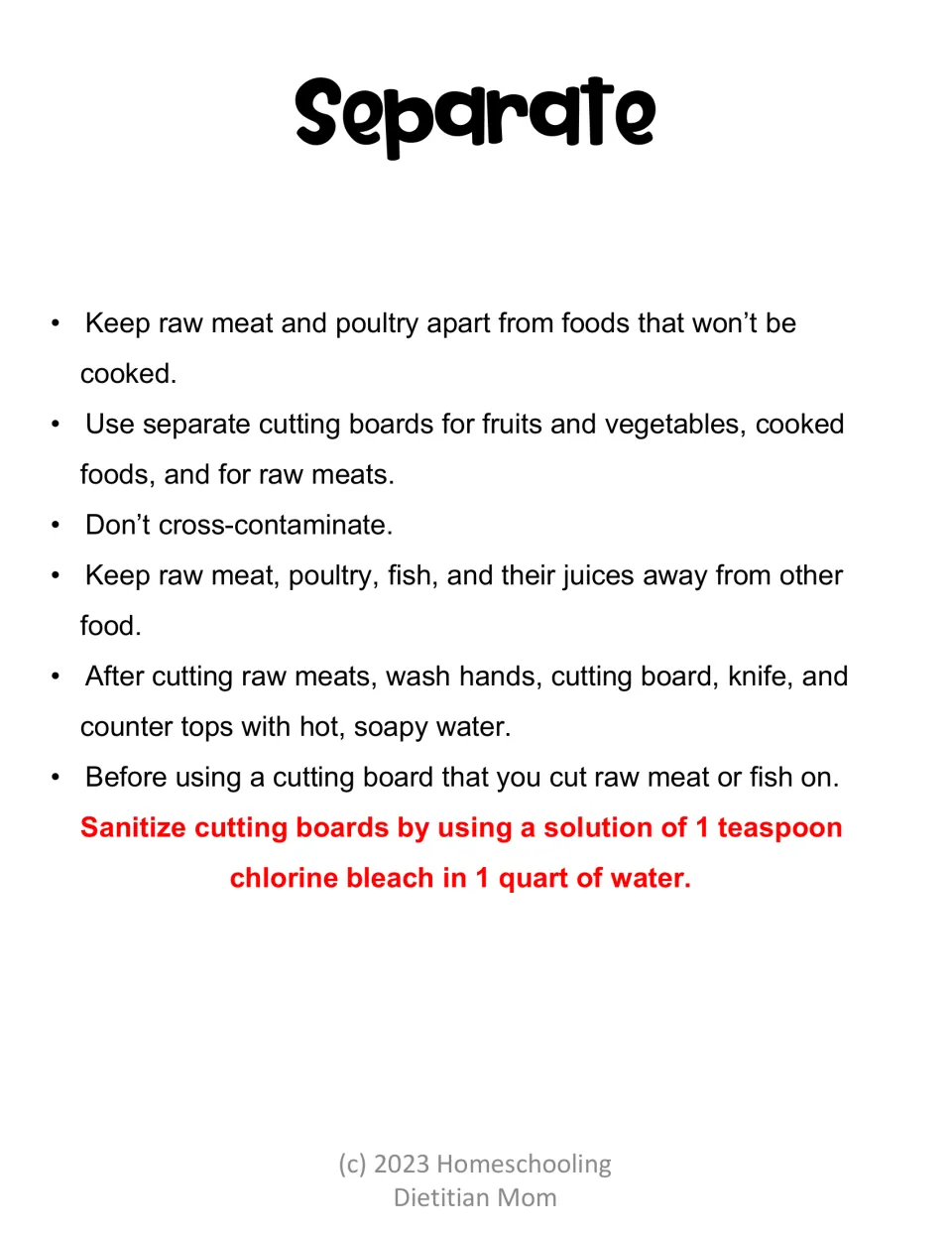 Separate lesson covers keeping raw meat apart from other foods, separate cutting boards, and sanitizing