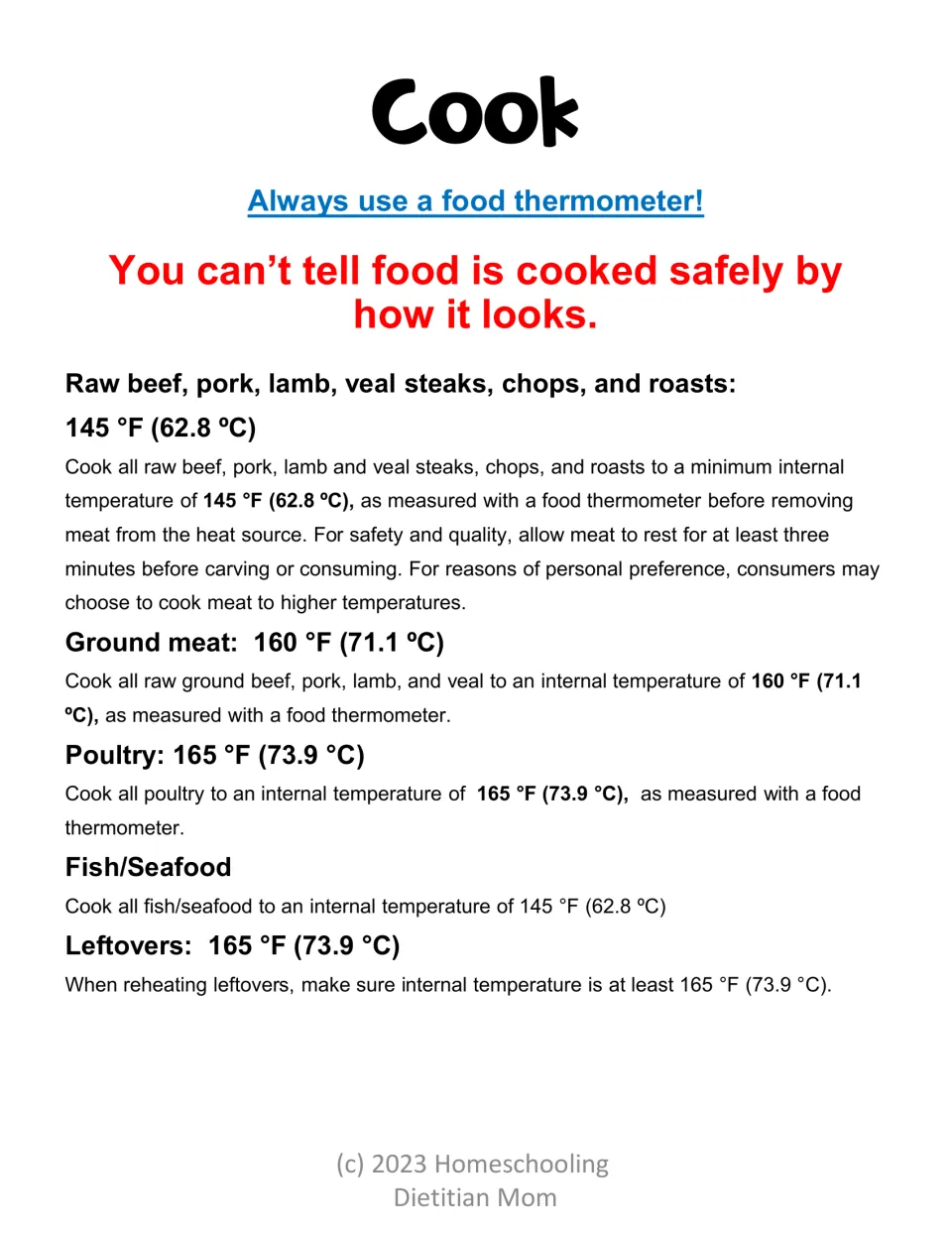 Cook lesson lists thermometer temperatures: steaks at 145°F, ground meat at 160°F, and poultry at 165°F