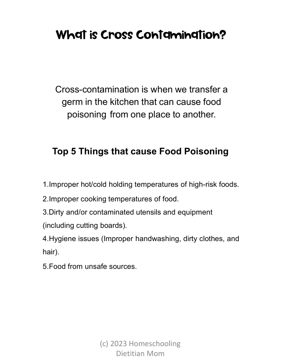 Cross-contamination reading defines germ transfer and lists five food poisoning causes, including poor hygiene