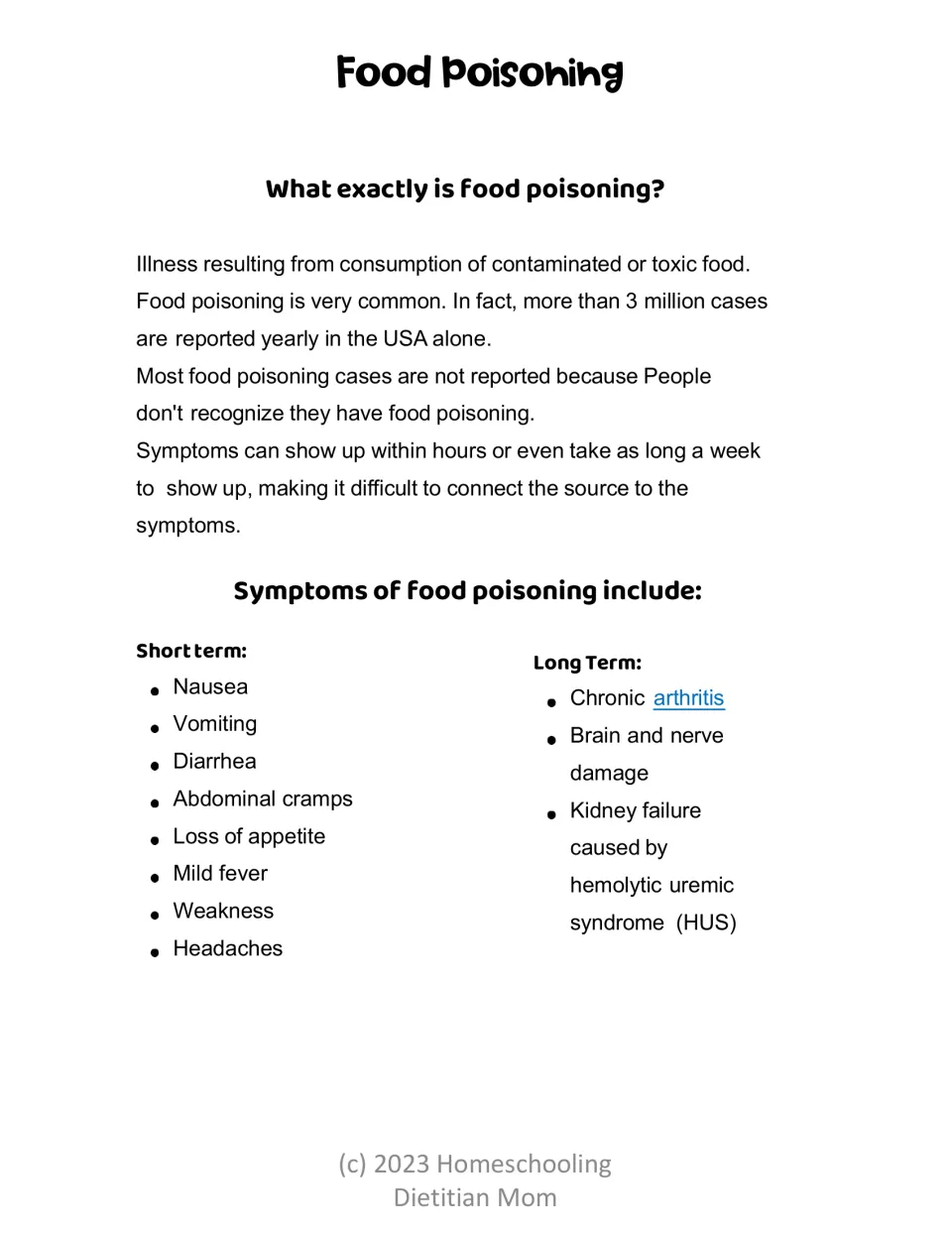 Food poisoning reading defines the illness and lists short-term symptoms alongside long-term complications