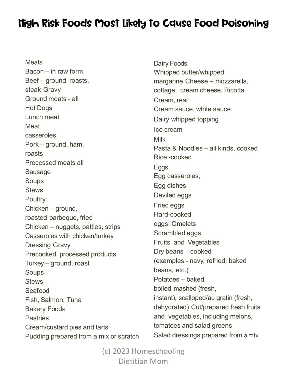 High-risk foods reference lists meats, seafood, dairy, eggs, cooked rice, pasta, and prepared produce