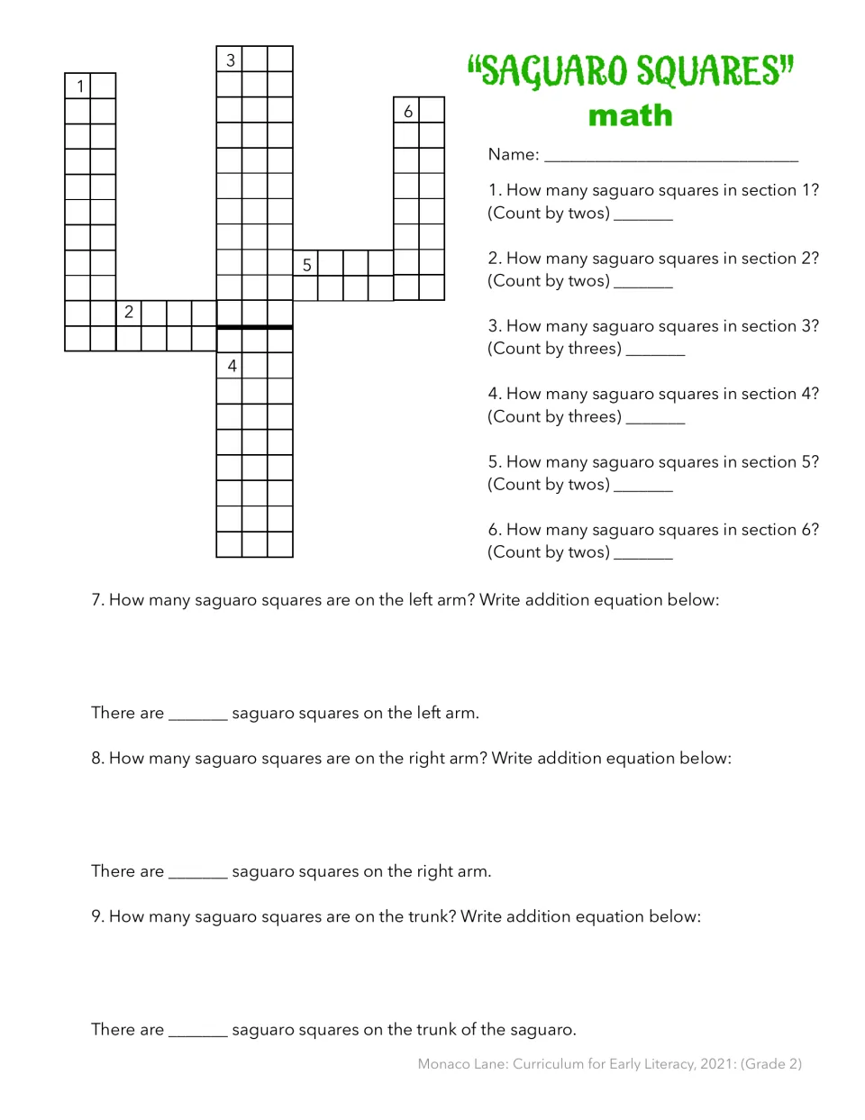 Second-grade saguaro activity: count six sections by twos or threes, then add totals for the arms and trunk