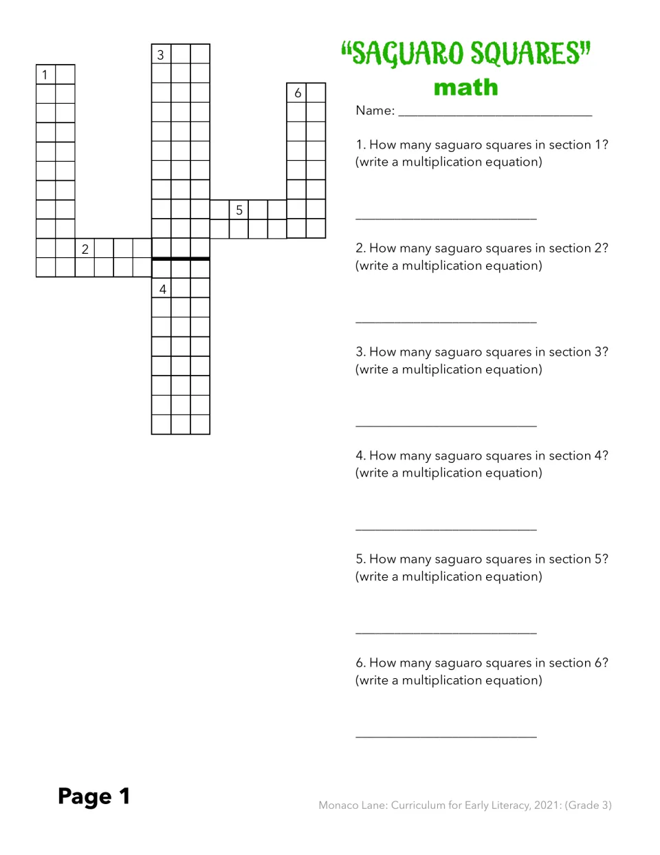 Third-grade saguaro activity, part 1: write multiplication equations to count squares in six sections