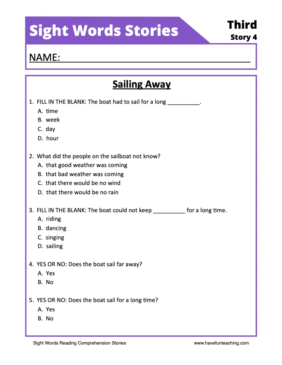 Five boat story questions: two fill-in-the-blank items, one multiple-choice question, and two yes-or-no items