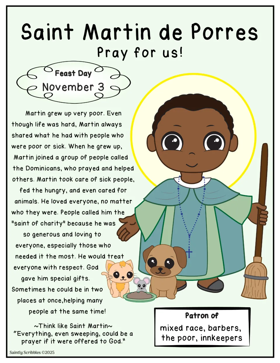 Color biography of Saint Martin de Porres featuring his November 3 feast day and care for people in need