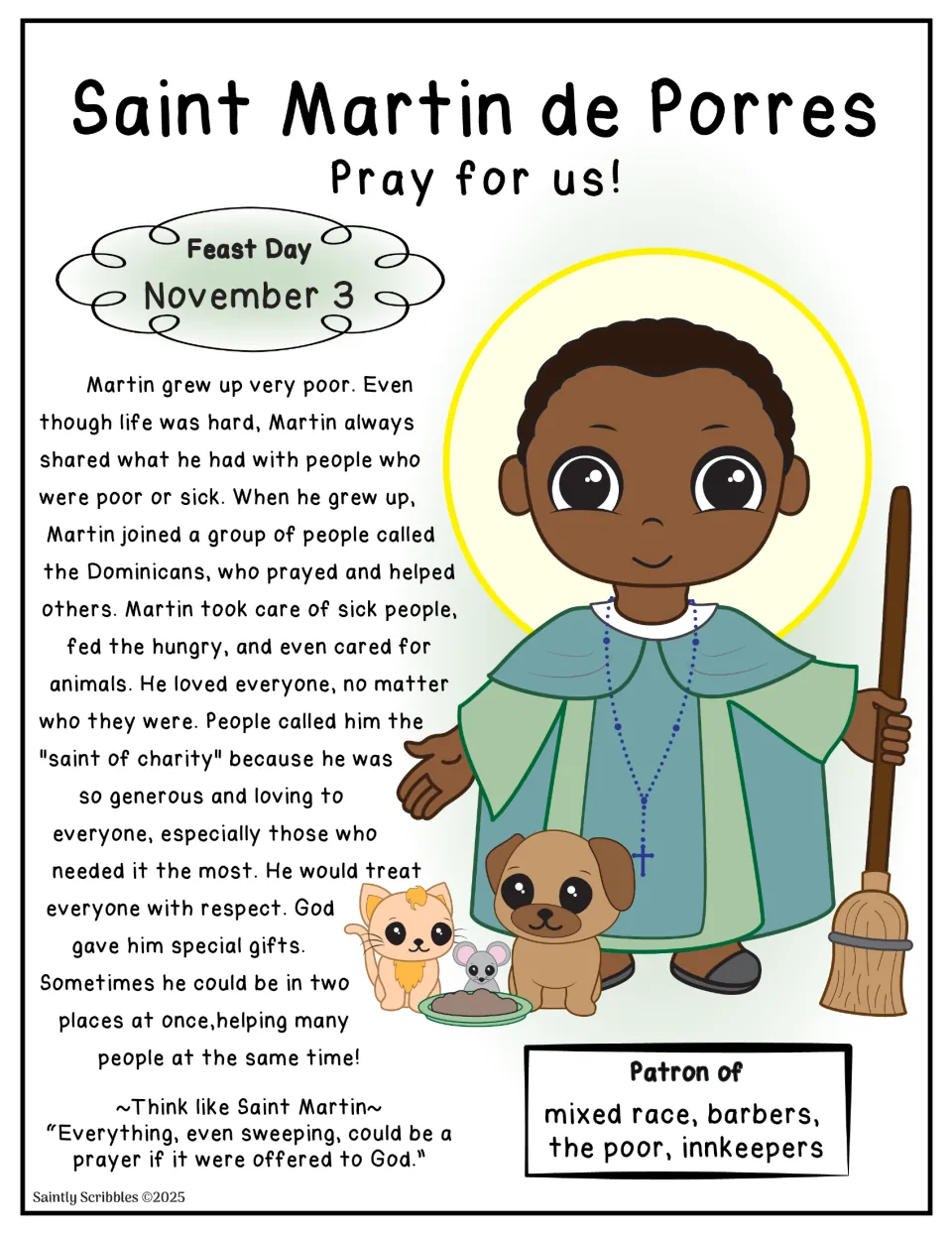 Color biography of Saint Martin de Porres describing his Dominican life, charity, and care for animals
