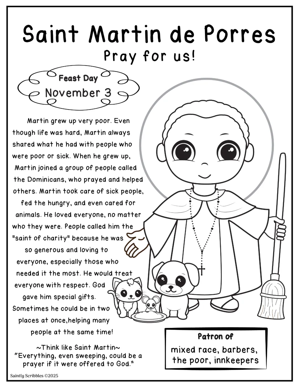 Black-and-white biography coloring page about Martin's charity, with his November 3 feast day and patrons