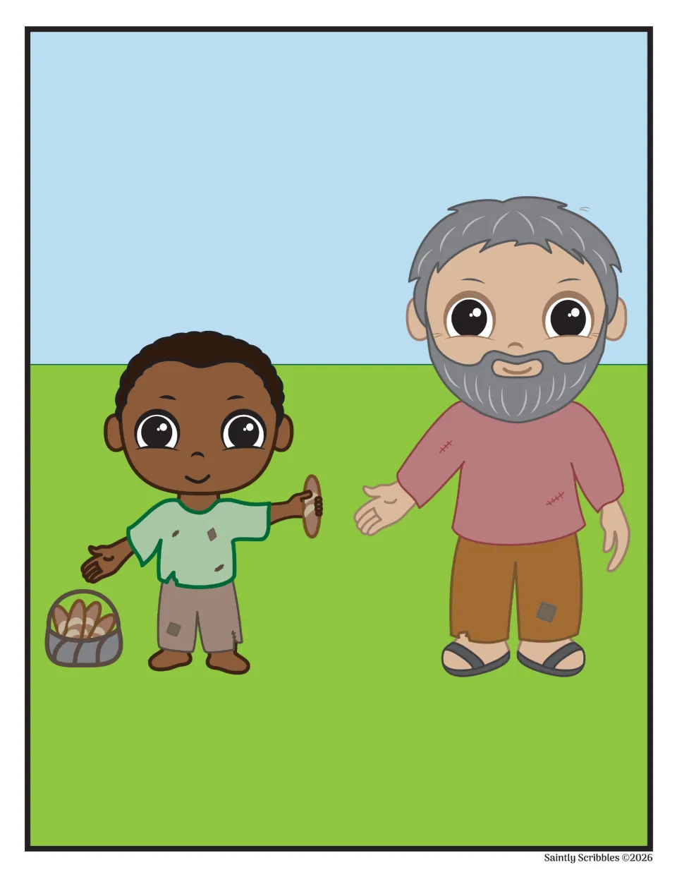 Color picture-story illustration of young Martin sharing bread with an older man beside a basket of bread