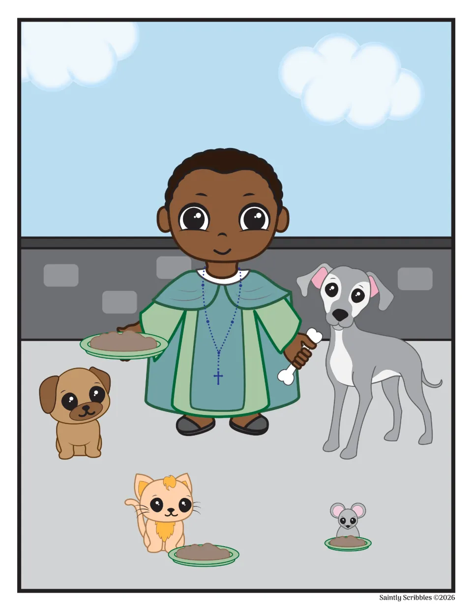 Color picture-story illustration of Martin feeding animals, holding a plate and bone near dogs, a cat, and mouse