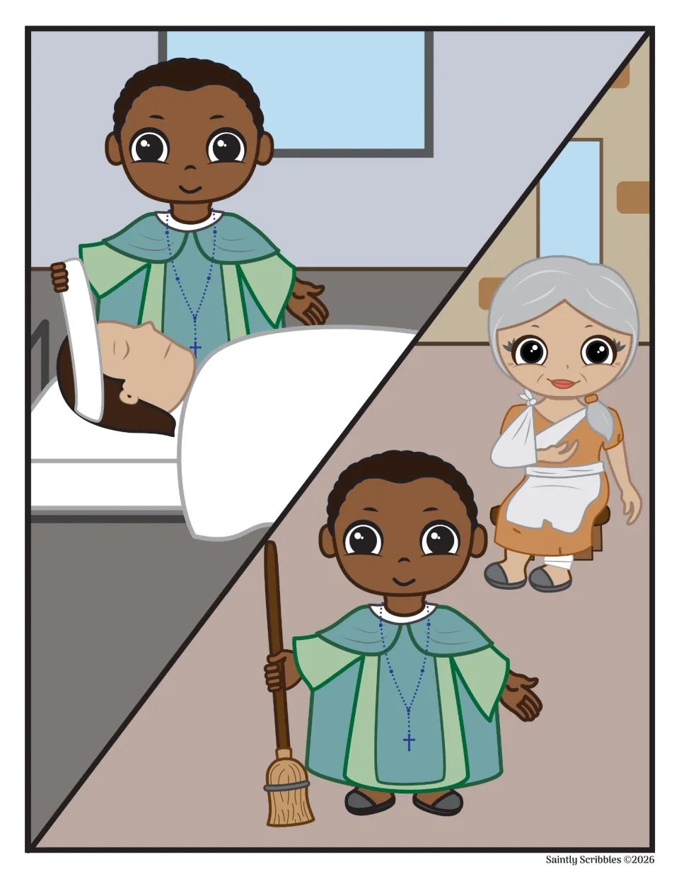 Color picture-story illustration of Martin tending a person in bed and holding a broom near an injured woman