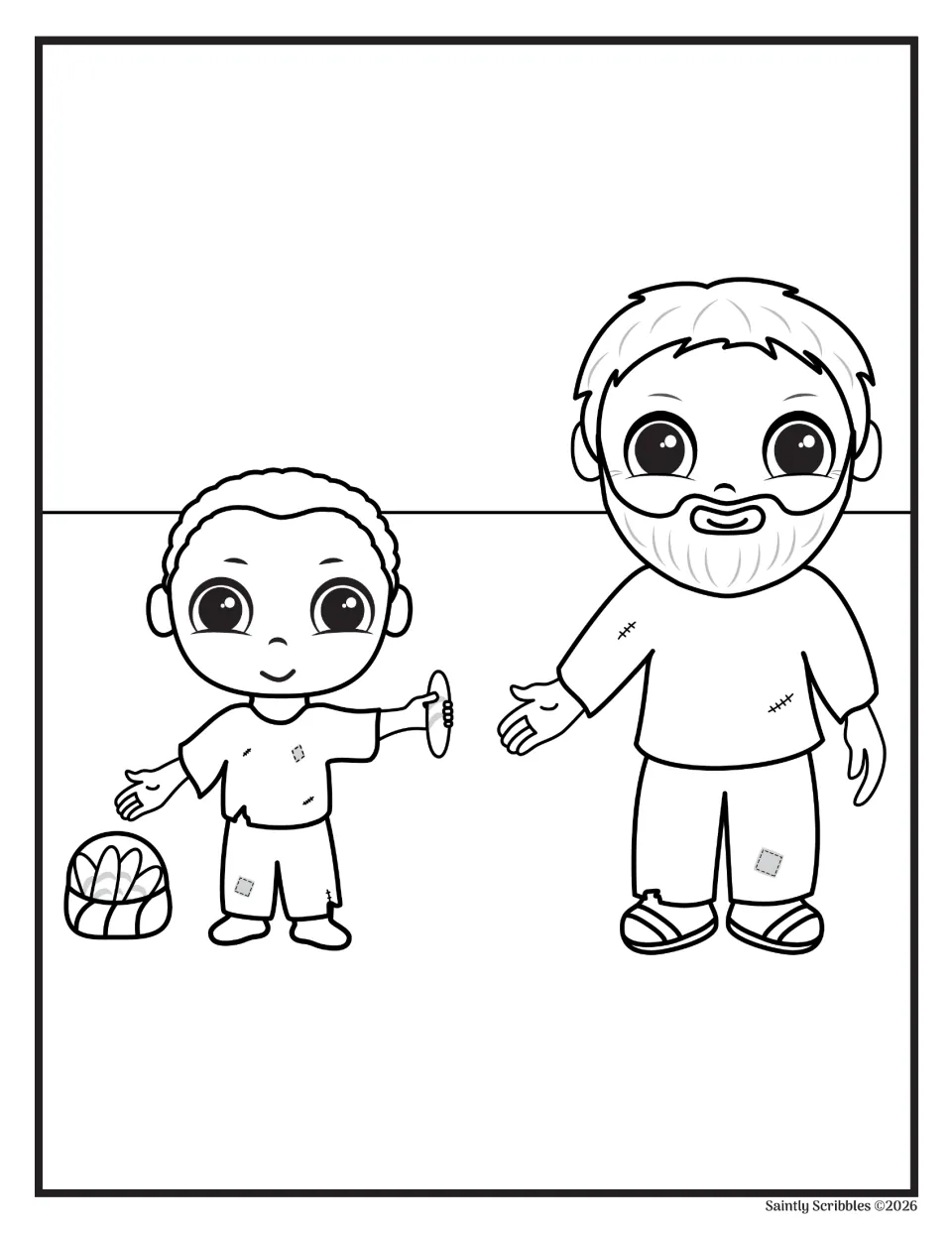 Picture-story coloring page of young Martin offering bread to an older man, with a bread basket nearby