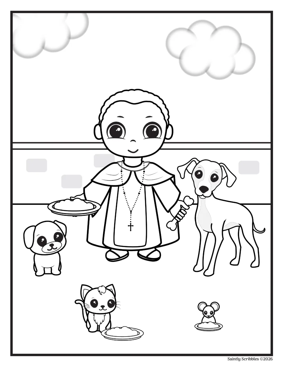 Picture-story coloring page of Martin feeding two dogs, a cat, and a mouse while holding food and a bone