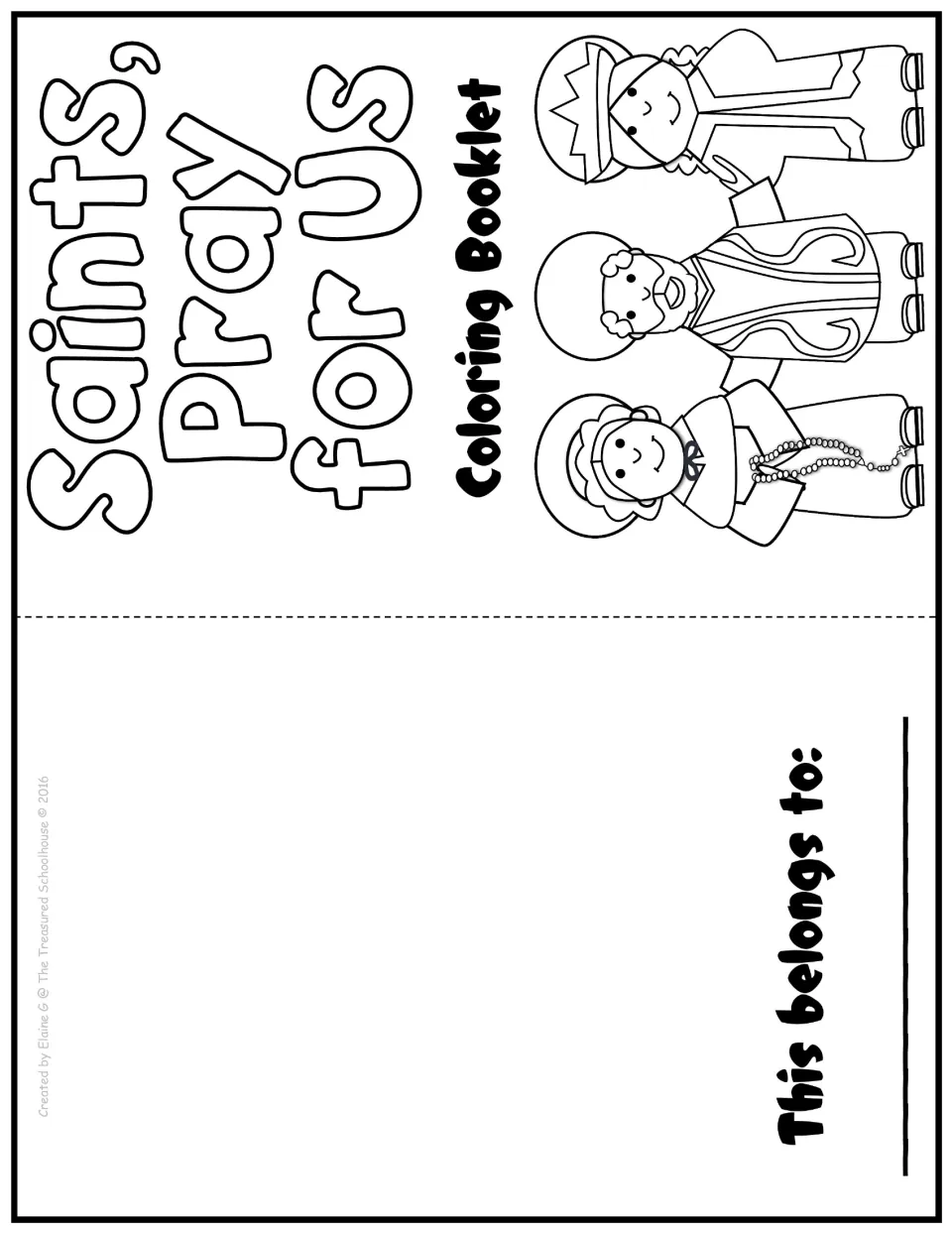 Printable booklet cover with three saints to color, paired with a “This belongs to:” ownership page