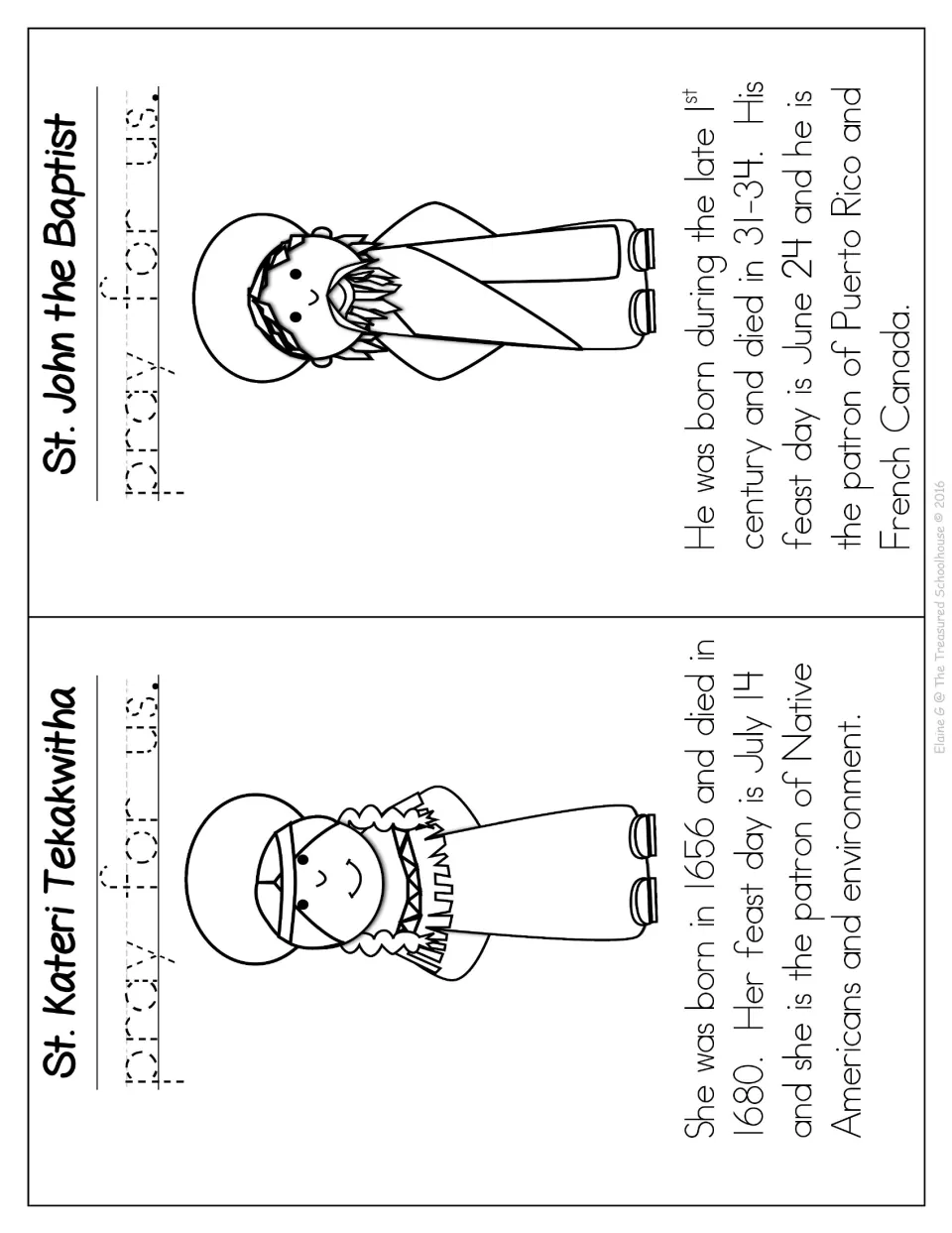 St. Kateri Tekakwitha and St. John the Baptist profiles with coloring pictures, facts, and prayer tracing