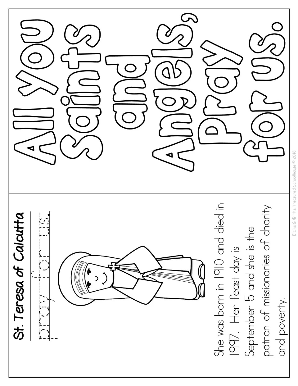 St. Teresa of Calcutta coloring profile with prayer tracing and the closing “All you Saints and Angels” prayer