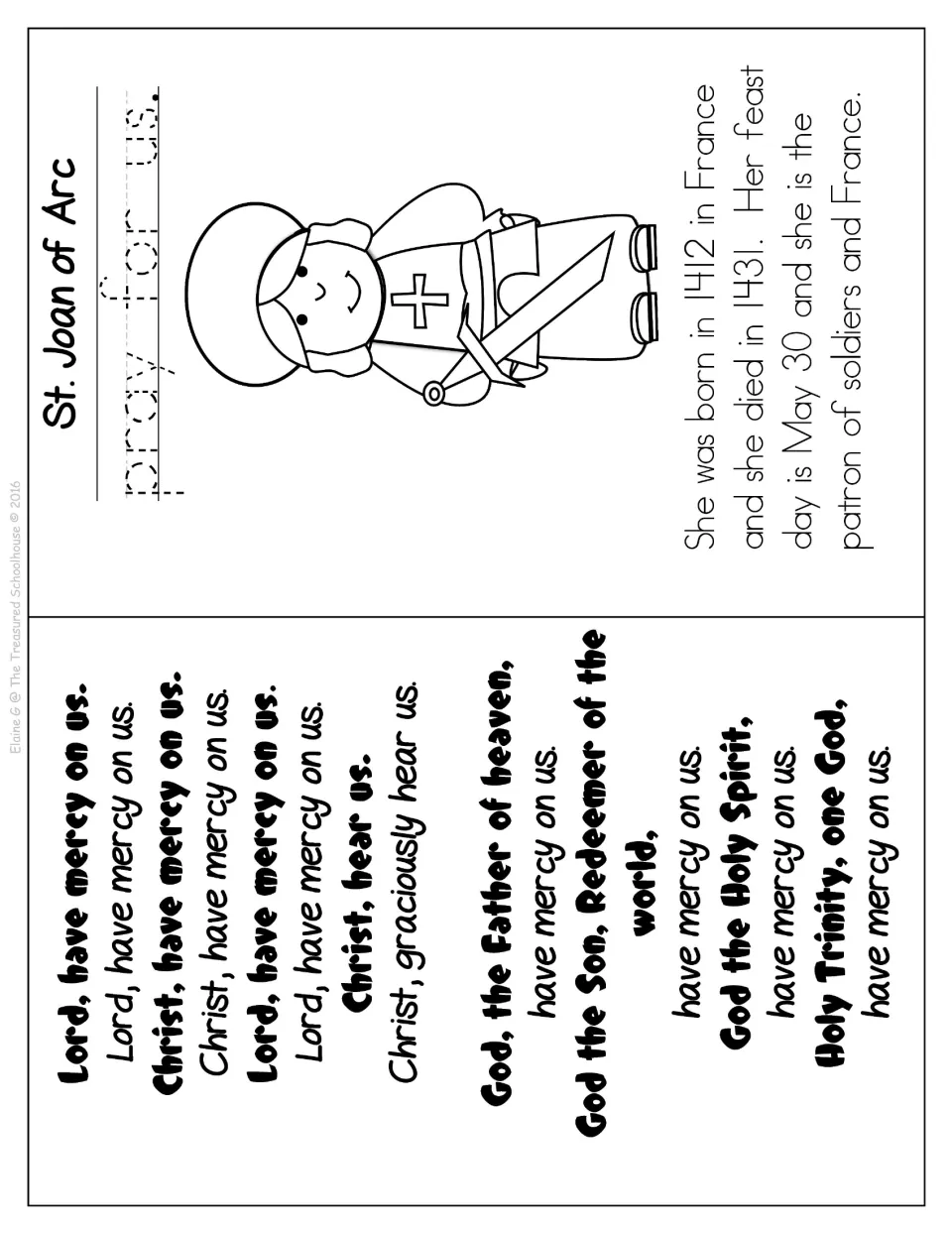 Booklet opening prayers and St. Joan of Arc profile with a coloring picture, 'pray for us' tracing, and facts