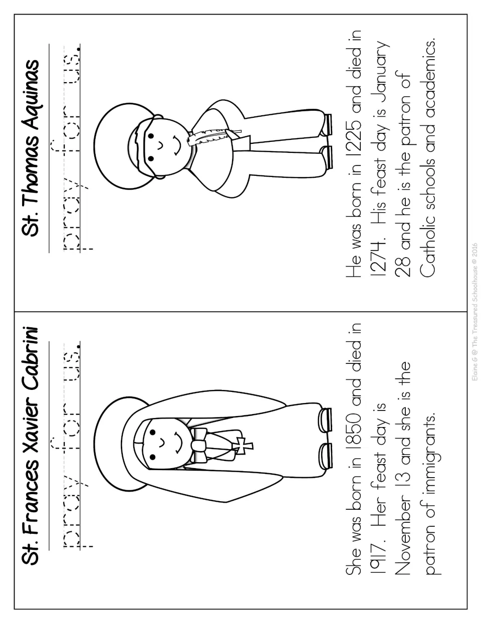 Booklet profiles of St. Frances Xavier Cabrini and St. Thomas Aquinas with coloring pictures and prayer tracing