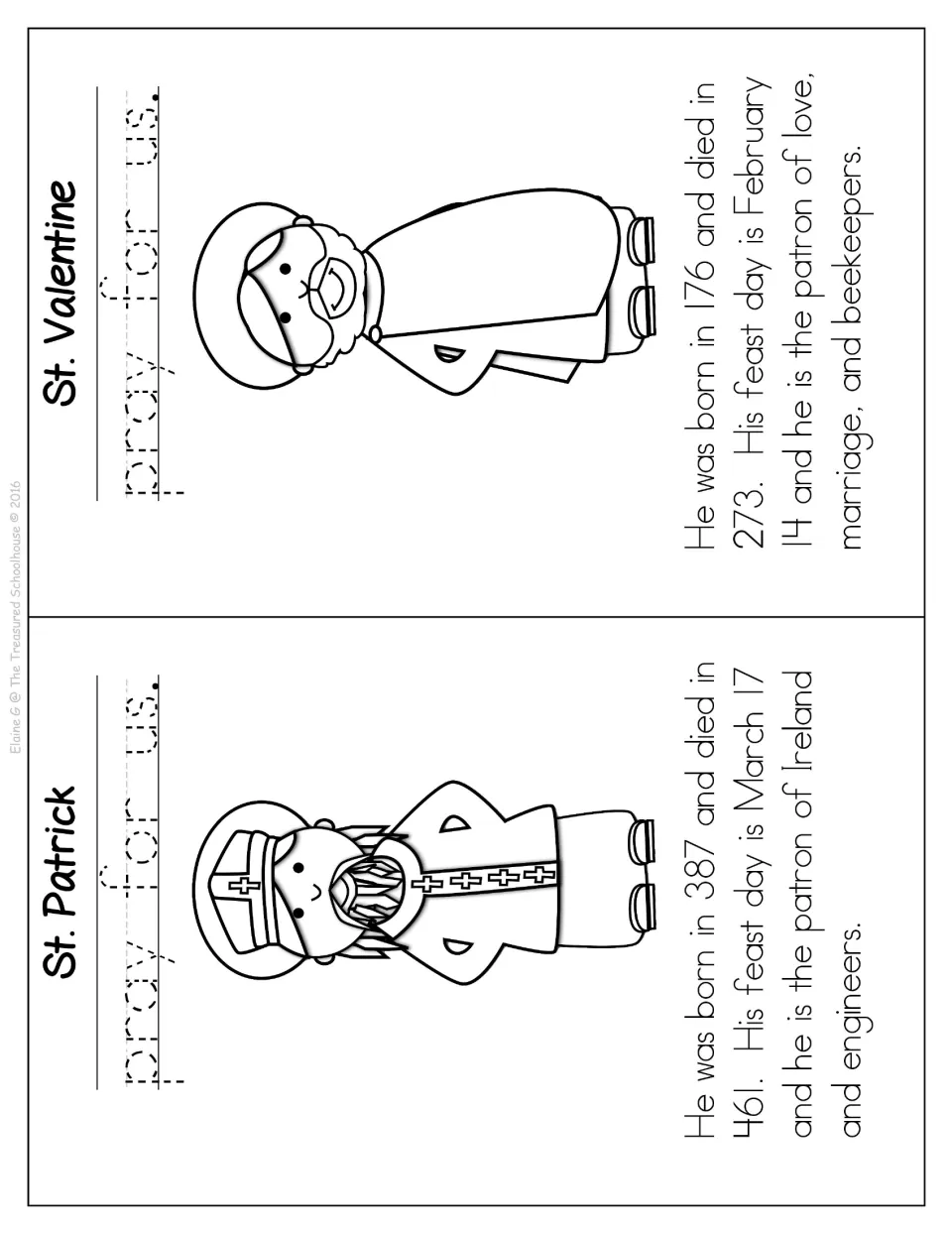 Booklet profiles of St. Patrick and St. Valentine with coloring pictures, prayer tracing, and feast days