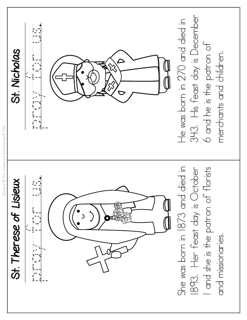 Booklet profiles of St. Therese of Lisieux and St. Nicholas with coloring pictures, prayer tracing, and facts