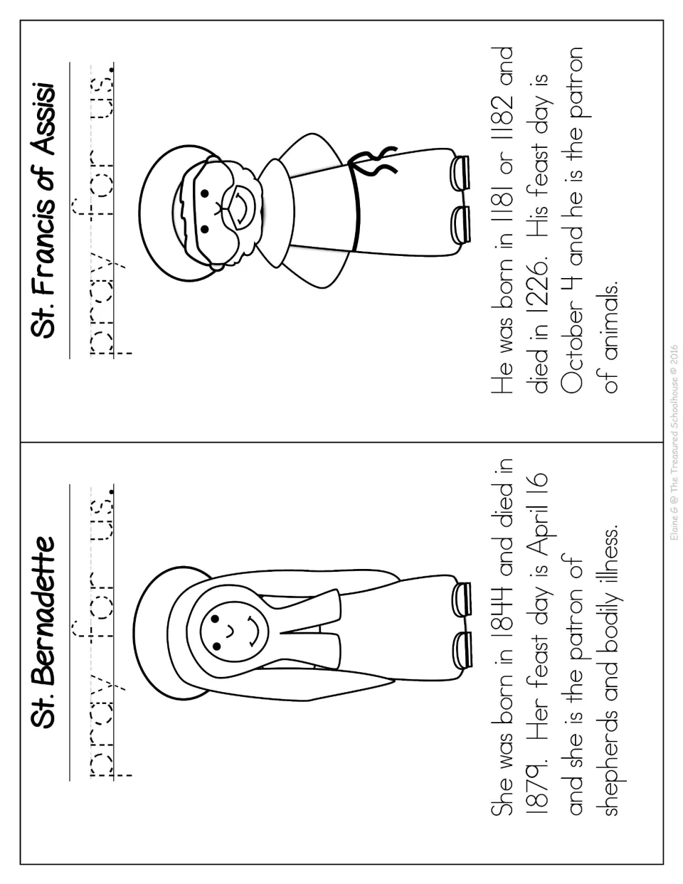 Booklet profiles of St. Bernadette and St. Francis of Assisi with coloring pictures, prayer tracing, and facts