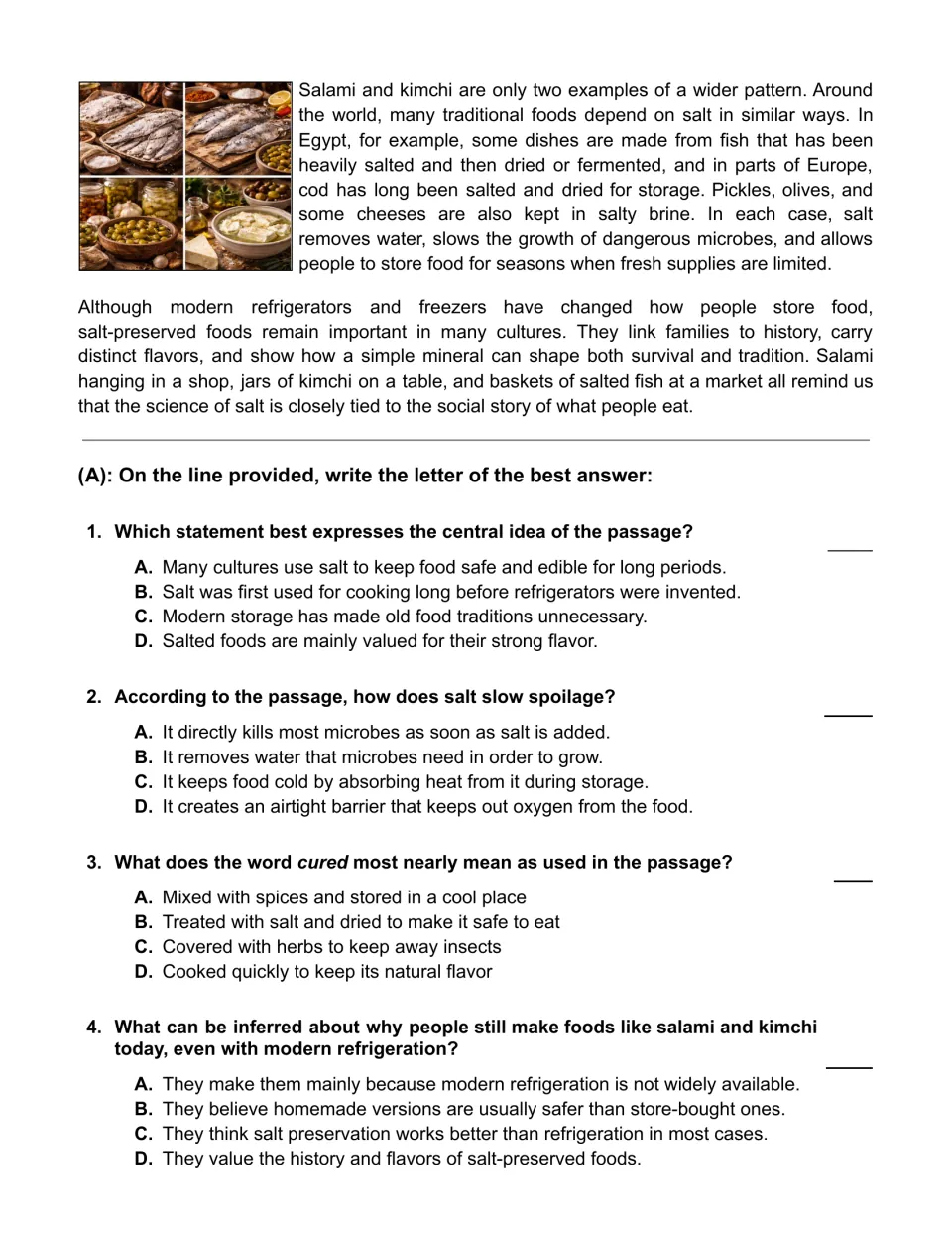 Passage ends with salted fish, cod and pickles, then part A: students choose the best answer on central idea and inference