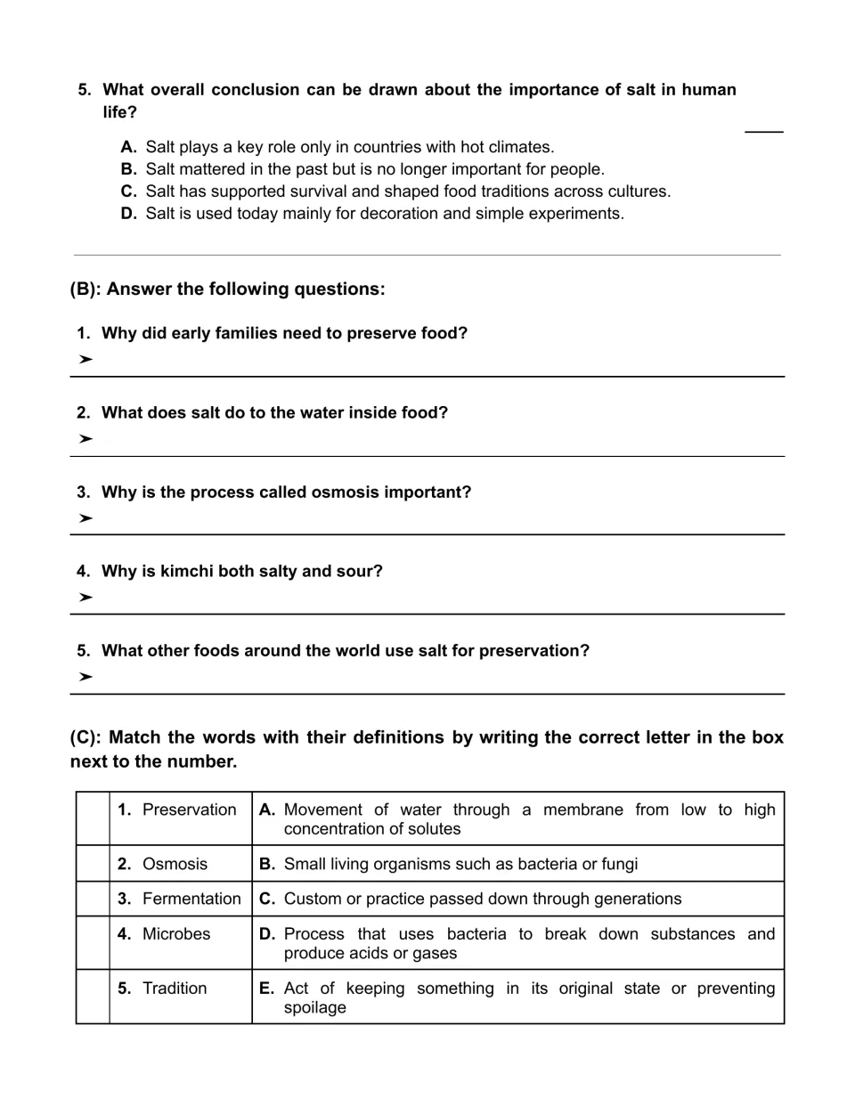 Salt and food questions: a last multiple-choice item, 5 short answers on osmosis and kimchi, and a vocabulary match