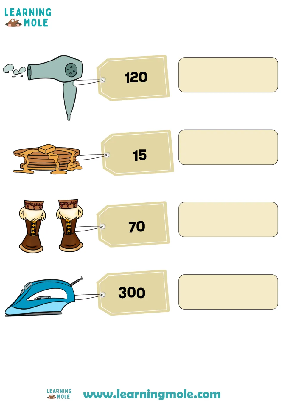 Price tag practice continued: students add tax to a 120 hair dryer, 15 pancakes, 70 boots and a 300 iron