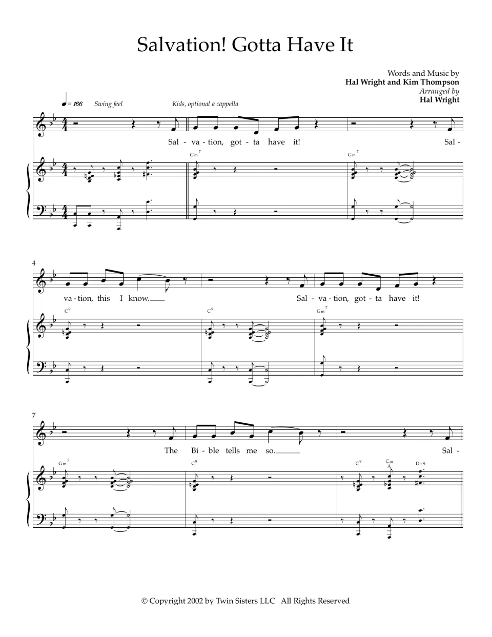 Opening of the song score, bars 1-9: swing-feel kids' melody with lyrics over piano chords Gm7 and C9, marked a cappella