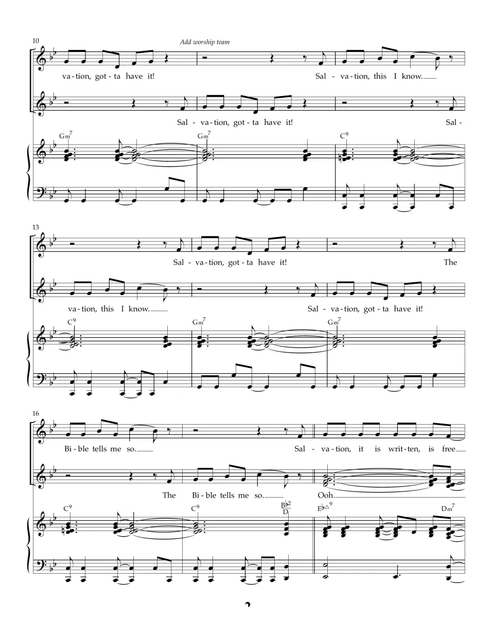 Bars 10-18 of the song: worship team joins as a second vocal line echoing the kids, then Ooh harmony starts under the verse