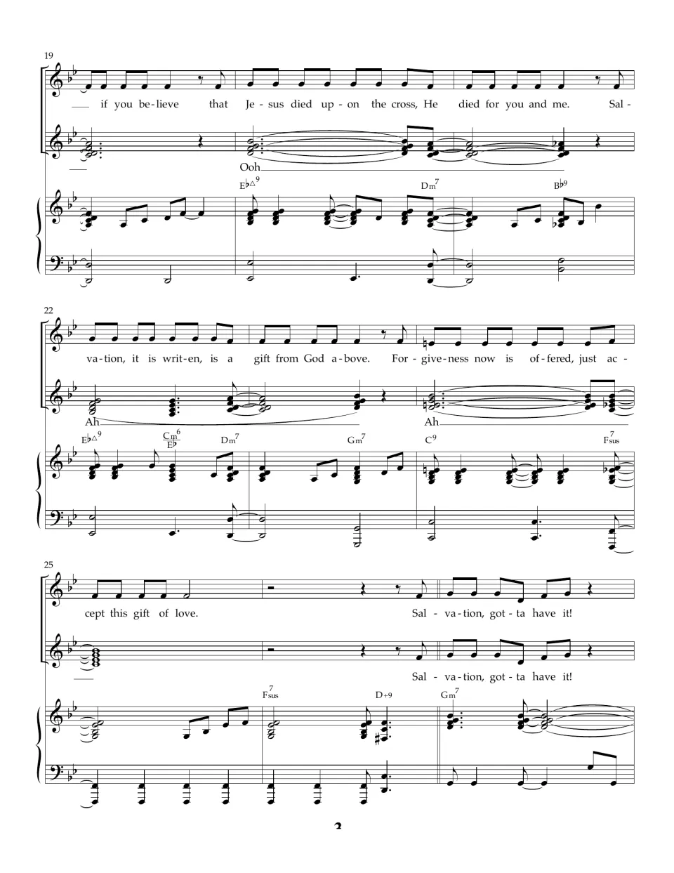 Verse in bars 19-27: lyrics on Jesus dying on the cross and forgiveness as a gift of love, with Ooh and Ah backing vocals
