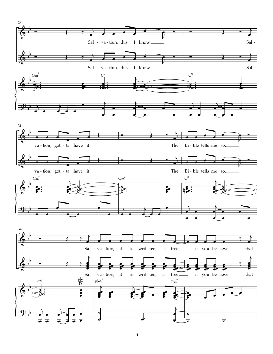 Bars 28-36: both vocal parts sing the chorus in unison, then the second verse begins with the second part in chordal harmony