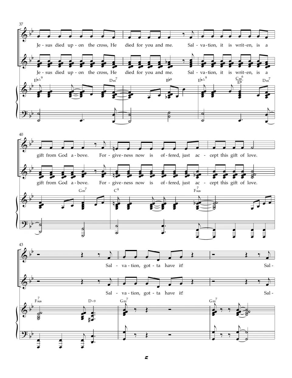 Second verse, bars 37-45: kids' melody doubled by full harmony chords singing the same cross and forgiveness lyrics