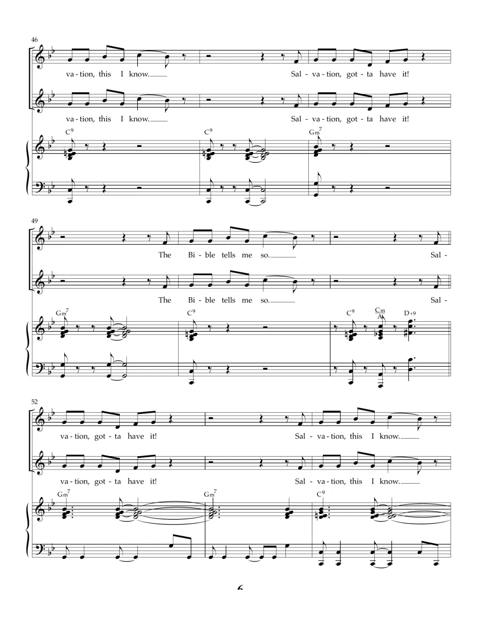 Bars 46-54 of the score: closing chorus repeats in unison for both voices over Gm7 and C9 piano accompaniment