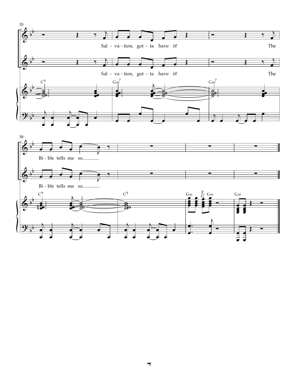 Final bars 55-61: last chorus line ends on 'The Bible tells me so' as the piano closes the song with Gm chords