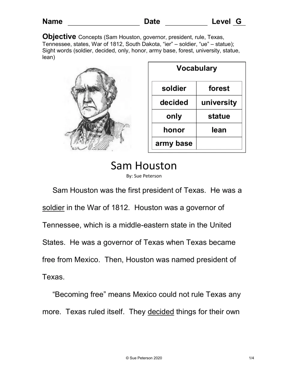 Biography passage, part 1: vocabulary list, then Houston as a War of 1812 soldier, Tennessee governor and Texas president