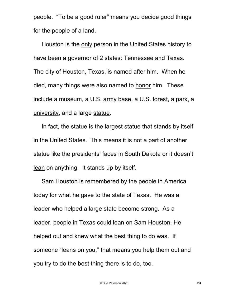 Biography passage, part 2: Houston as governor of two states and the city, forest and giant statue named to honor him