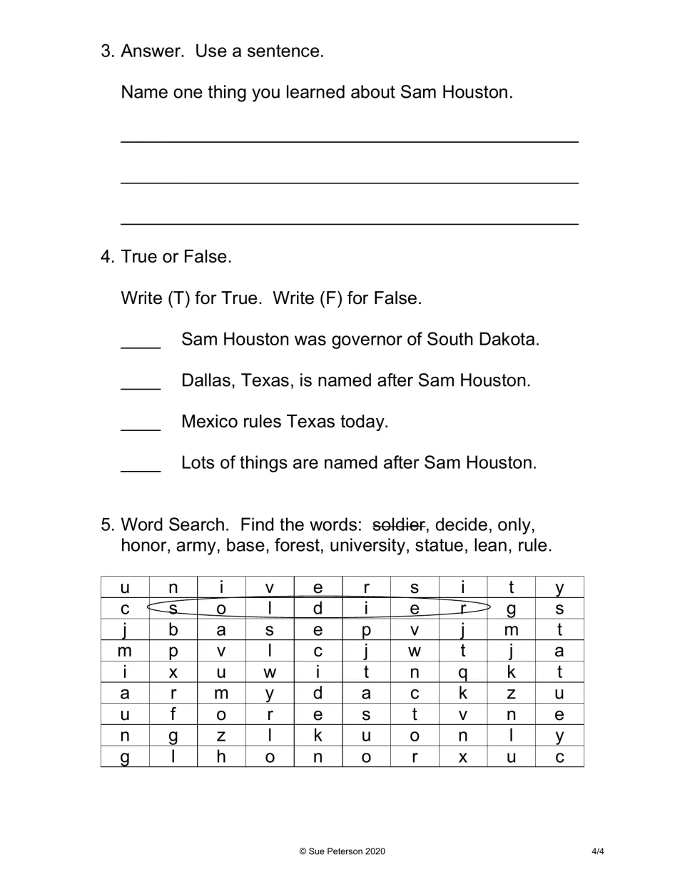 Comprehension check: students write one fact learned, mark four true/false statements and do a vocabulary word search