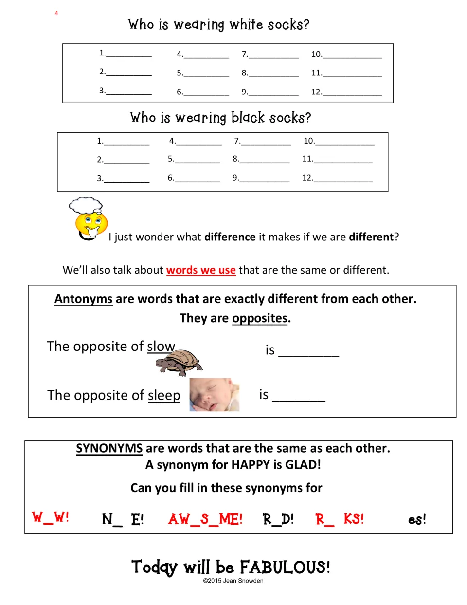 Morning message part 2: socks questions, opposites of slow and sleep, and fill-in synonyms like W_W and AW_S_ME