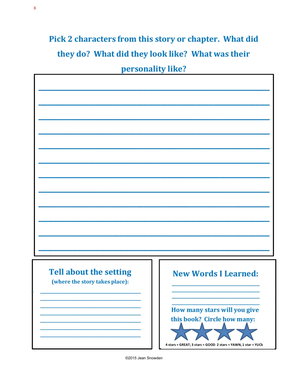 Fiction reader response continued: two characters, the setting, new words learned and a 1–4 star book rating