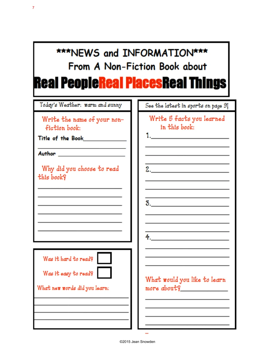 Non-fiction response 'Real People Real Places Real Things': book title, why you chose it, and 5 facts learned