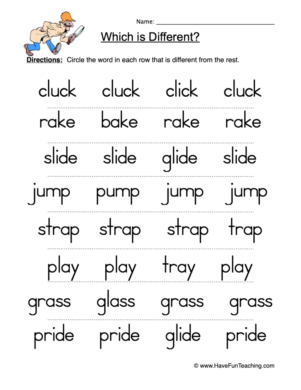 Word comparison worksheet: circle the different word in eight sets, with cluck/click, rake/bake and slide/glide.