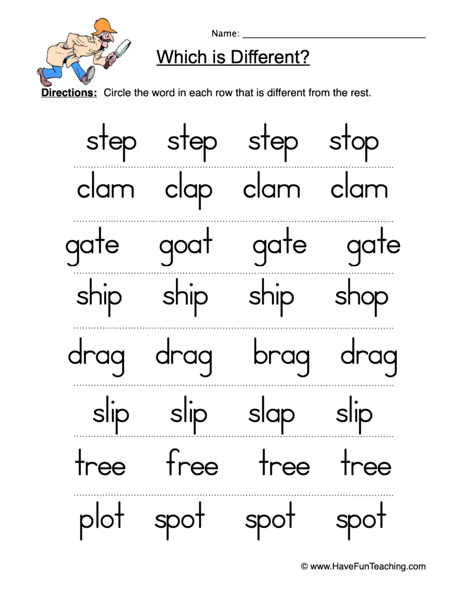 Four-letter word comparison worksheet: circle the different word in eight sets, including step/stop and clam/clap