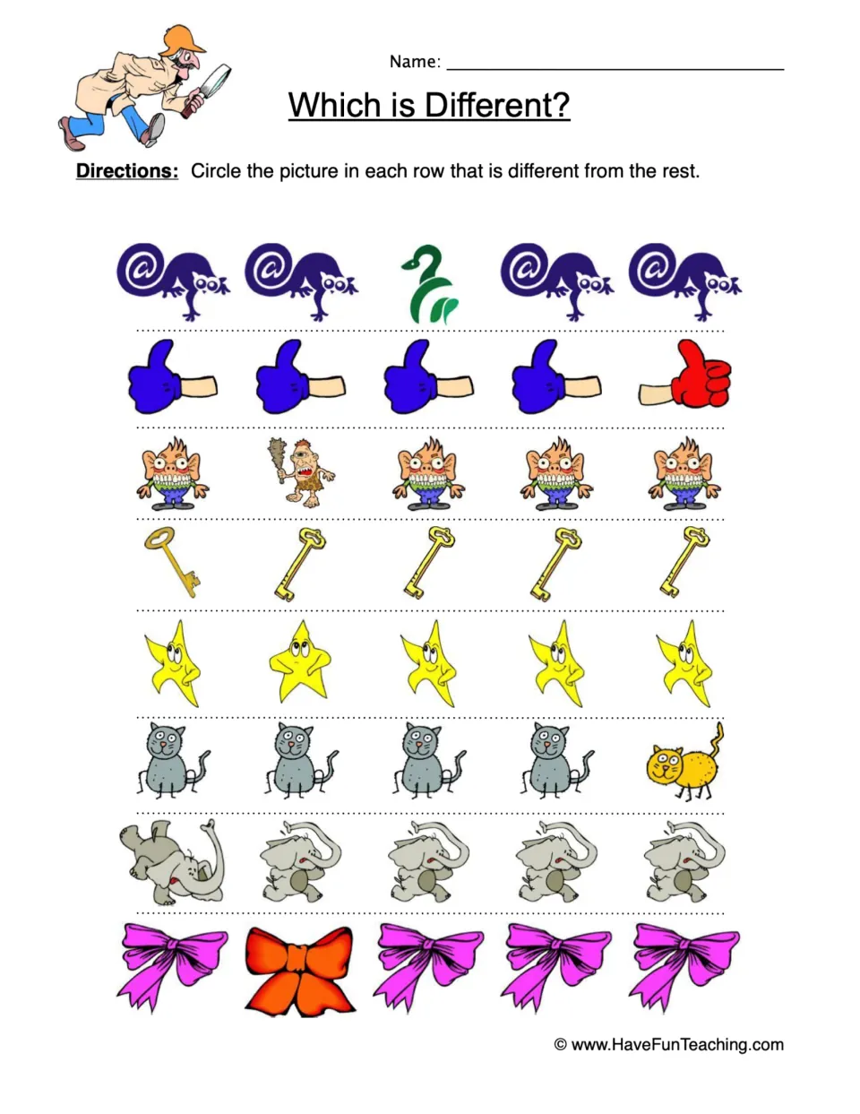 Which is Different? visual discrimination: students circle the odd picture out in 8 rows of keys, stars, cats and bows