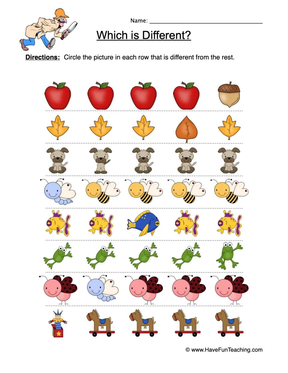 Which is Different?: students circle the one picture in each of 8 rows that differs, such as an acorn among apples
