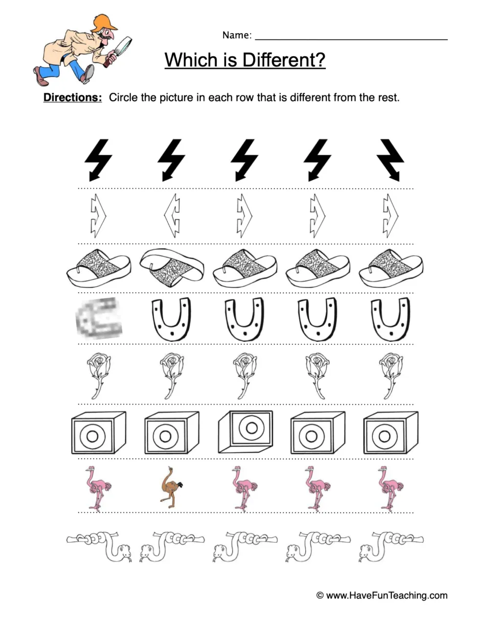 Which is Different? Visual discrimination: students circle the odd one out in 8 rows of bolts, sandals, roses and birds