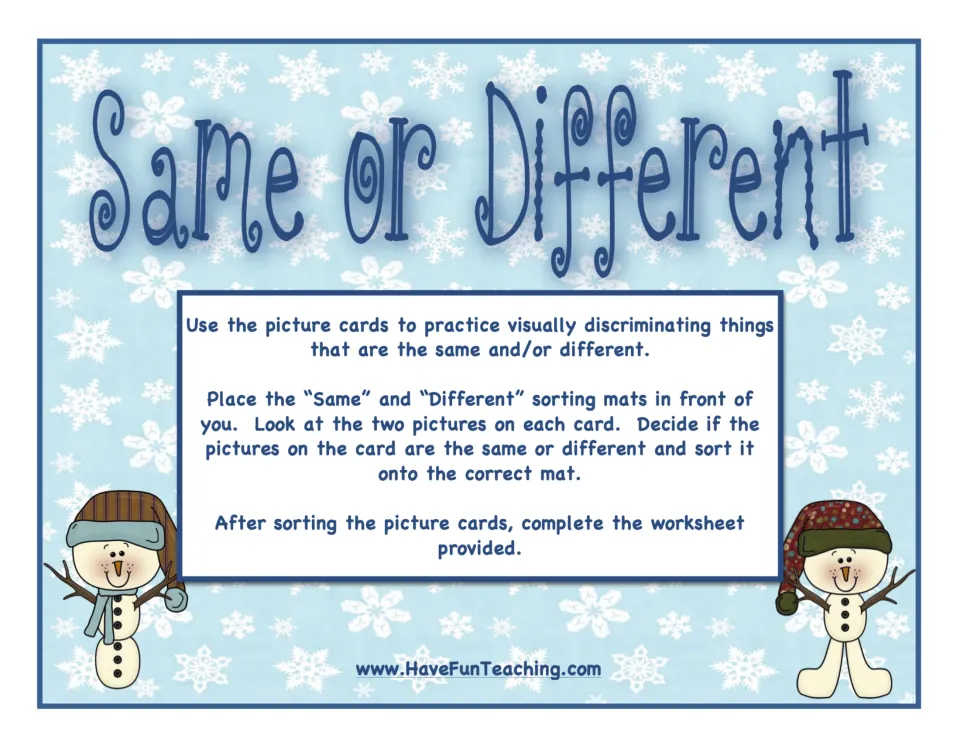 Same or Different Activity directions: compare picture pairs, sort cards onto two mats, then complete a worksheet