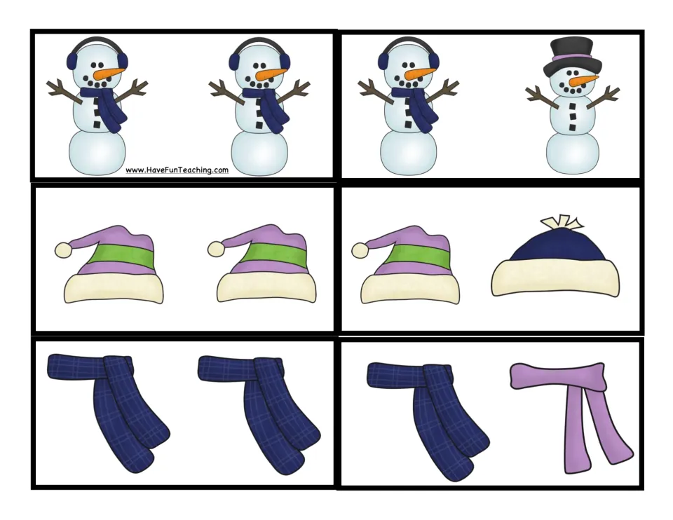 Picture sorting cards 1–6 of 24: matching and different pairs of snowmen, winter hats, and scarves